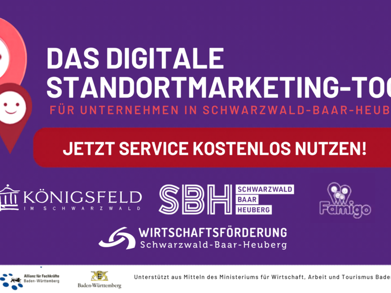 Eine violette Grafik bewirbt ein digitales Standortmarketing-Tool für Unternehmen in der Region Schwarzwald-Baar-Heuberg mit verschiedenen Logos und einem roten Schriftzug, der zur kostenlosen Nutzung des Services aufruft.