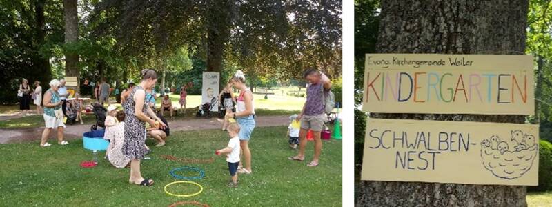 Menschen und Kinder spielen im Freien auf einer Wiese mit bunten Reifen, während ein Schild am Baum auf einen Kindergarten namens "Schwalbennest" hinweist.