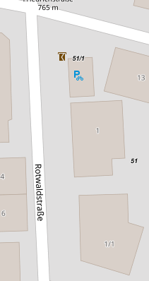 Der Kartenausschnitt zeigt einen Bereich in der Nähe der "Rothwaldstraße" mit Gebäuden und einer Markierung für einen Rollstuhlparkplatz bei der Hausnummer 51/1.