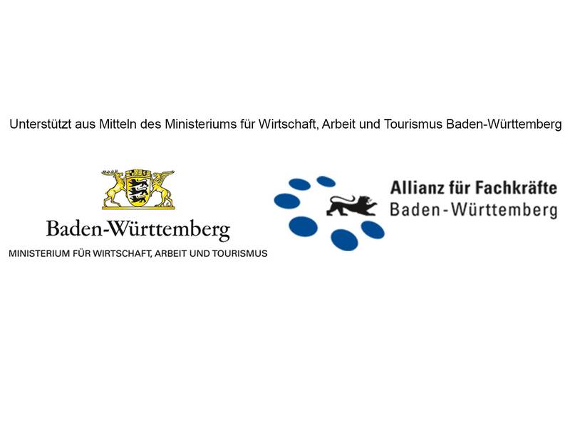 Zwei Logos werden angezeigt: links das Baden-Württemberg-Logo mit dem Text "Ministerium für Wirtschaft, Arbeit und Tourismus", rechts das Allianz für Fachkräfte Baden-Württemberg-Logo.