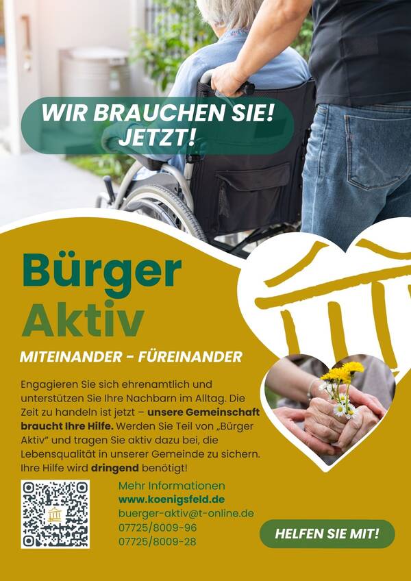 Ein Plakat wirbt für ehrenamtliches Engagement zur Unterstützung der Gemeinschaft, dargestellt durch ein Bild einer Person im Rollstuhl, neben einem Helfer, sowie einem Herz mit zwei Händen, die Blumen halten.