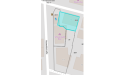 Der Lageplan zeigt eine Grundstücksaufteilung entlang der Rowaldstraße, mit markierten Flurstücksnummern, einem Parkplatz für Fahrräder und einem Bereich mit der Aufschrift "Schwarzwald Bike".