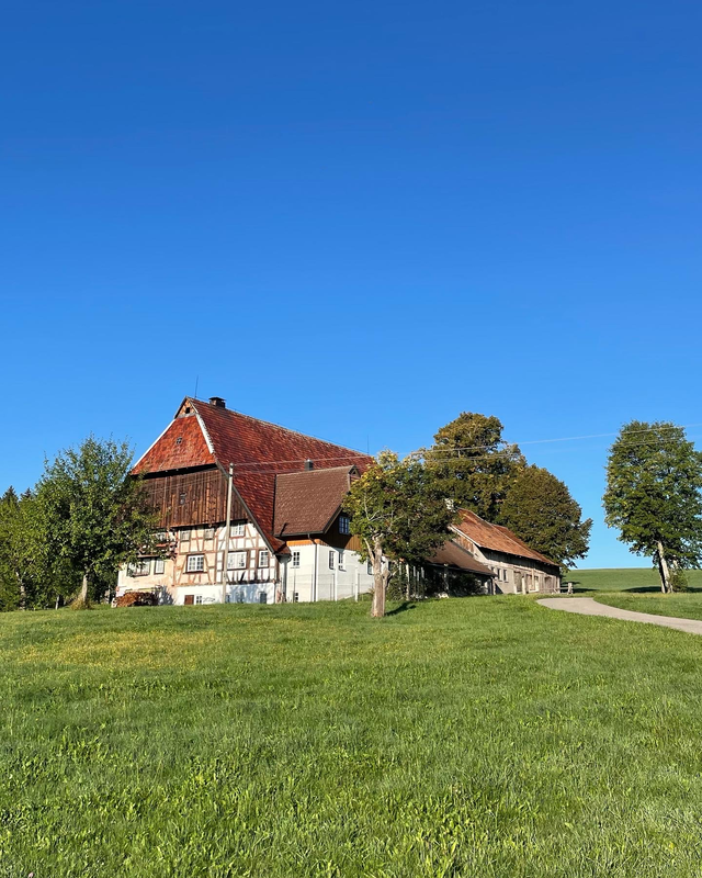 Ein altes Bauernhaus mit Fachwerk umgeben von grüner Wiese, Bäumen und blauem Himmel. 