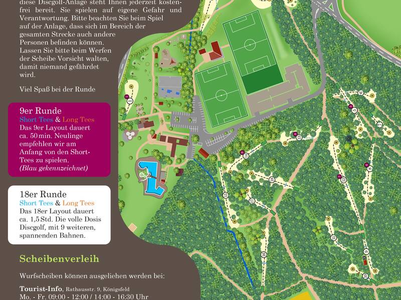 Eine Karte der Discgolf-Anlage in Königsfeld zeigt verschiedene Parcours, Sportplätze und Waldgebiete, begleitet von Informationen zur Nutzung und einem Scheibenverleih.