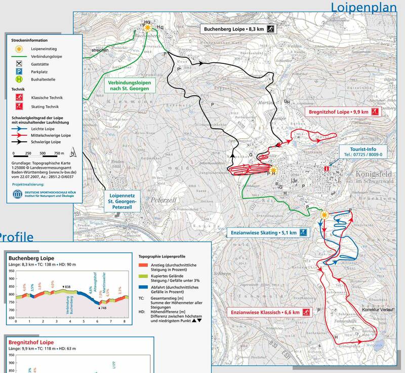 Die Karte zeigt ein Loipennetz bei Königsfeld im Schwarzwald mit verschiedenen Routen in unterschiedlichen Farben, Längen und Schwierigkeitsgraden sowie ergänzenden Informationen zu Streckenprofilen und Einrichtungen.