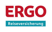 Das Bild zeigt das Logo der ERGO Reiseversicherung mit dem Schriftzug "ERGO" in roten Buchstaben und "Reiseversicherung" in weiß auf einem türkisfarbenen Hintergrund.