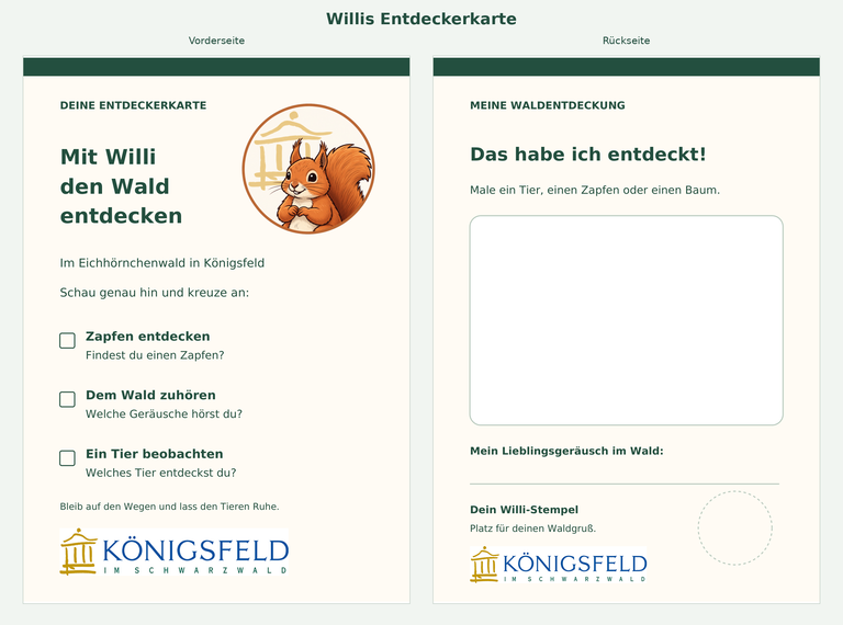 Die Bildkarte zeigt zwei Seiten einer Entdeckerkarte für Kinder mit einer Checkliste zum Erforschen des Waldes und Platz für Zeichnungen von Entdeckungen, verziert mit einem lachenden Eichhörnchen.