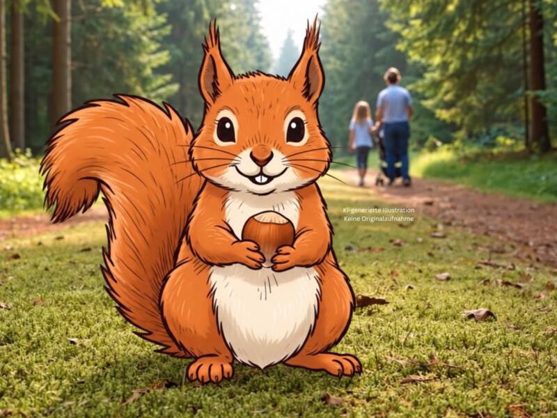 Ein illustriertes Eichhörnchen sitzt auf einem Waldweg und im Hintergrund sind zwei Menschen zu sehen, die in den Wald spazieren.